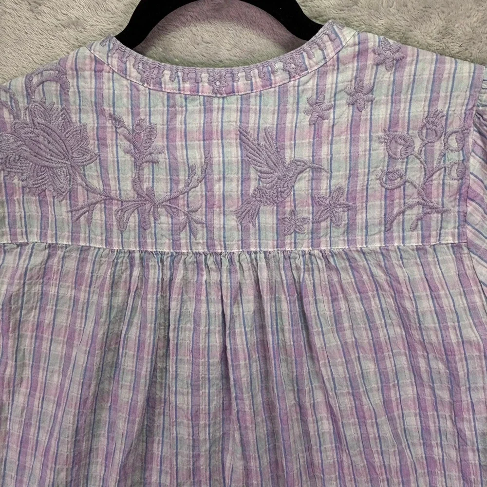 Johnny Was Womens Blouse Sz XS Purple Plaid Embroidered Hummingbird Puff Sleeve